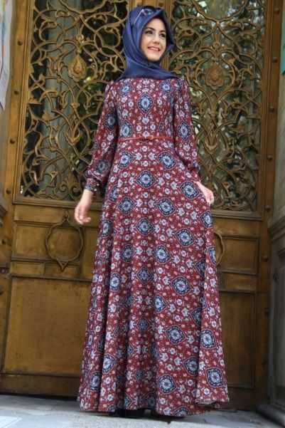 Pınar Şems Desenli Tesettür Elbise Modelleri