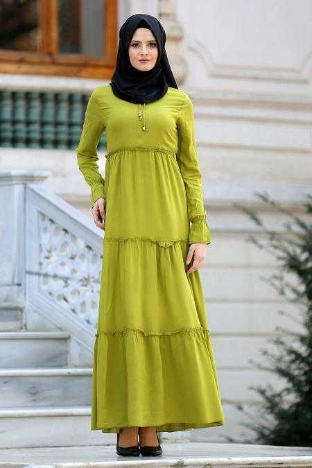Fıstık Yeşili New Kenza Tesettür Elbise Modelleri