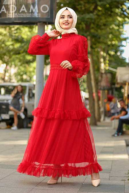 Tüllü New Kenza Tesettür Kırmızı Elbise Modelleri