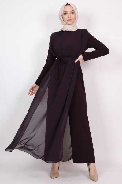 Lamia Giyim Kuşaklı Tesettür Tül Detaylı Tulum Modelleri