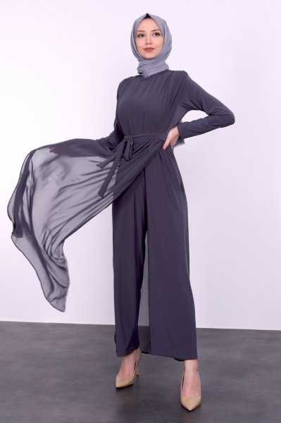 Lamia Giyim Kuşaklı Tesettür Tüllü Tulum Modelleri