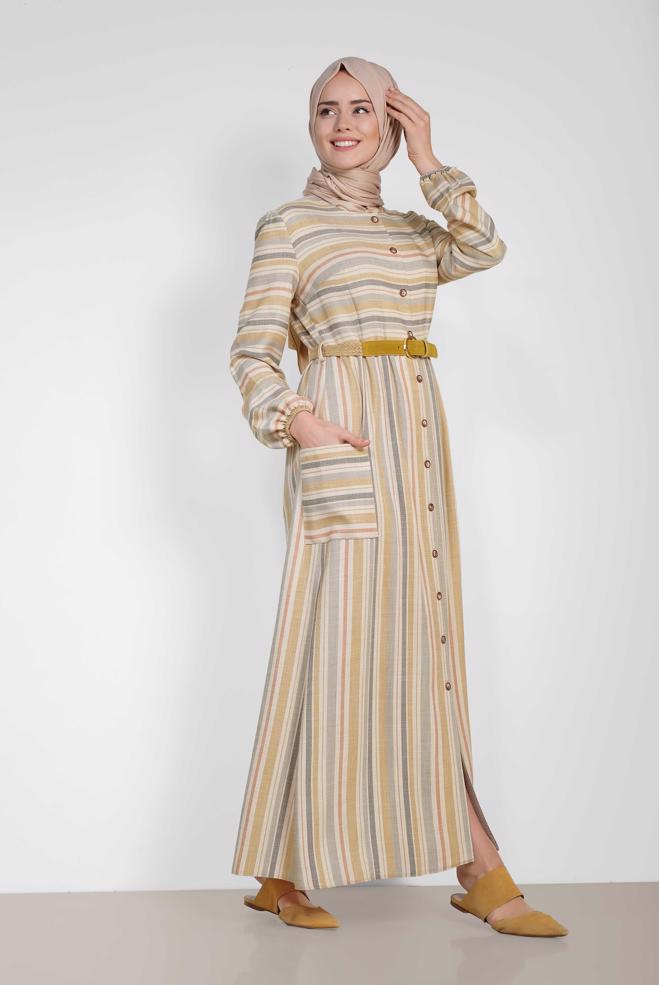 En Güzel Alvina Çizgili Tesettür Elbise Modelleri