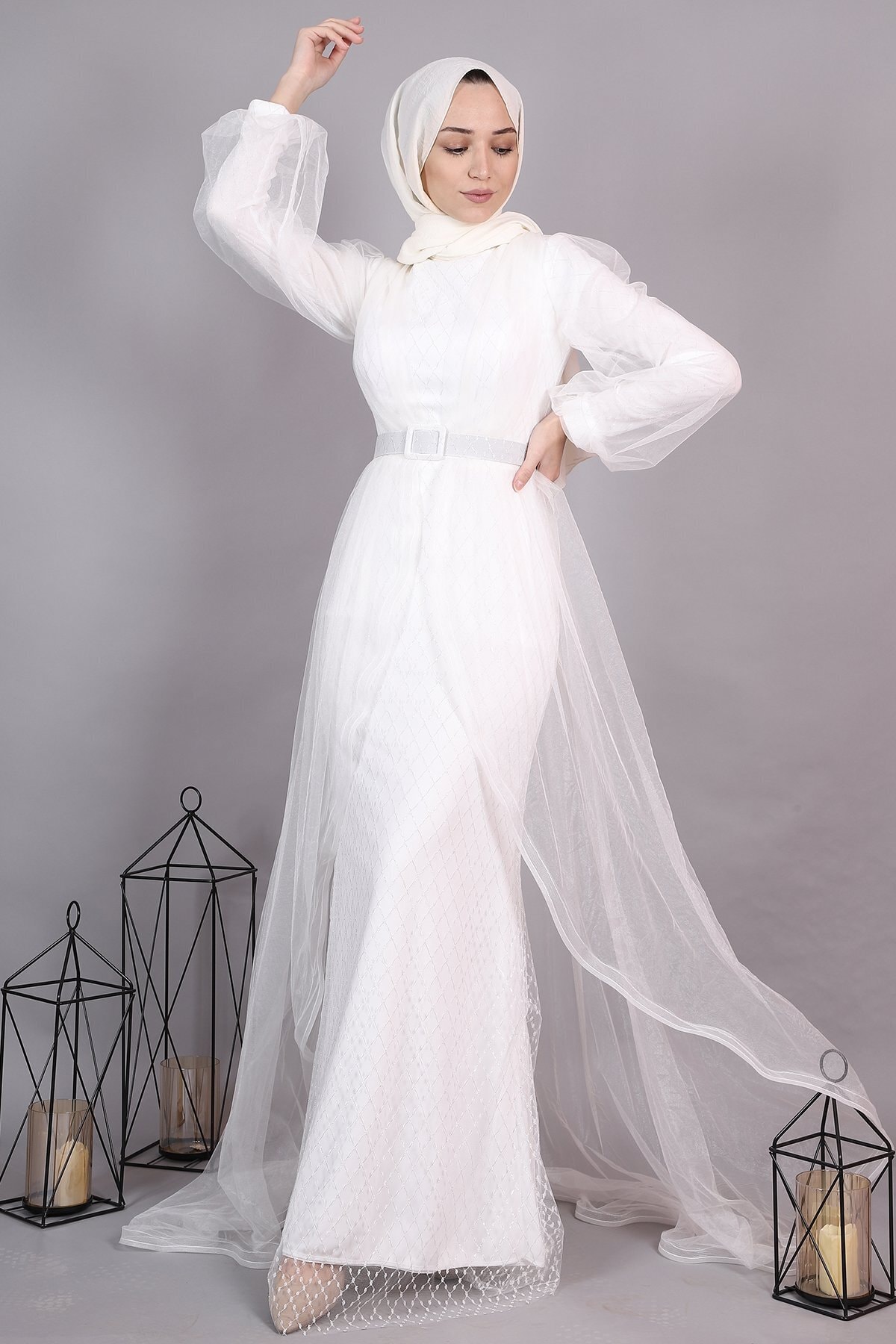 Lamia Giyim Tül Detaylı Tesettür Beyaz Elbise Modelleri
