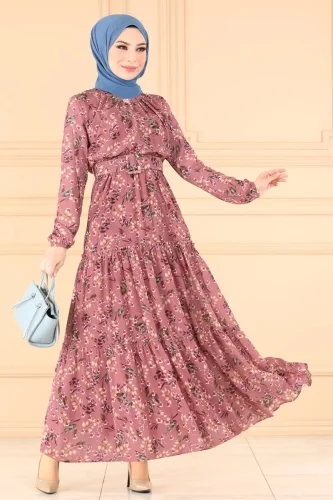 Çiçek Desenli Moda Selvim Tesettür Şifon Elbise