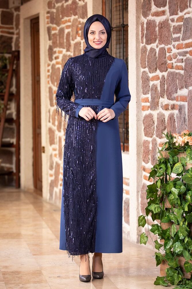 Fashion Showcase Design Pul Payetli Çift Renk Tesettür Abiye Elbise