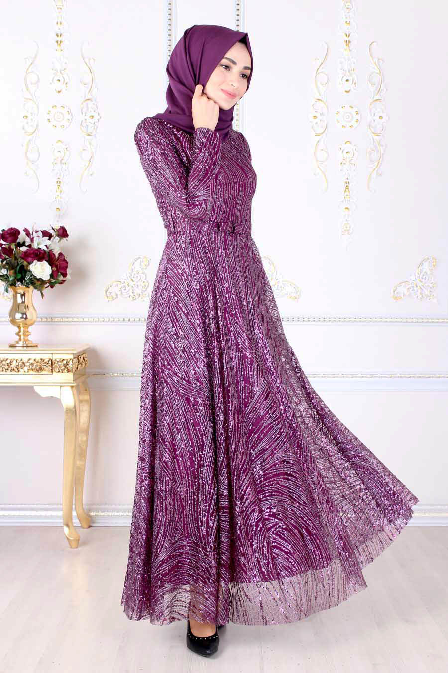 Feiza Collection Pul Payetli Tesettür Mor Abiye Elbise