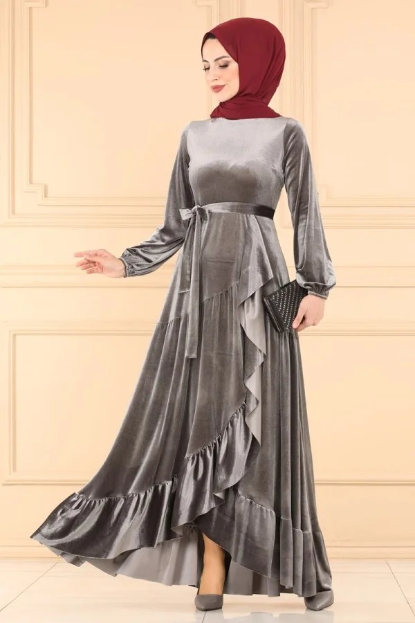 Modaselvim Fırfırlı Kadife Abiye Elbise Modelleri