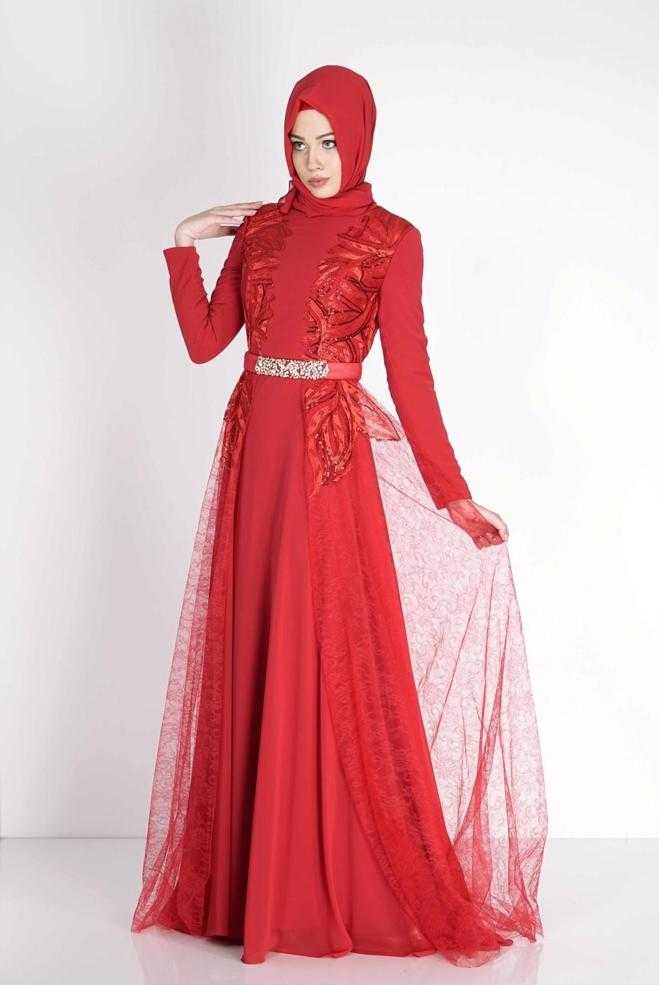 Alvina Tesettür Kırmızı Abiye Elbise