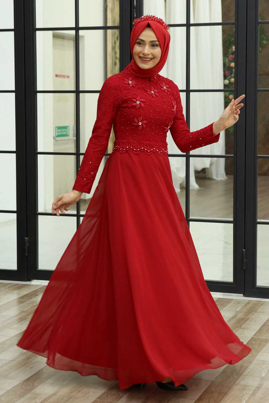 Feiza Collection Tesettür Kırmızı Abiye Elbise