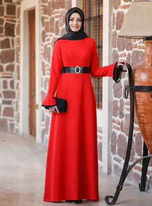 Fuval Moda Tesettür Kırmızı Abiye Elbise