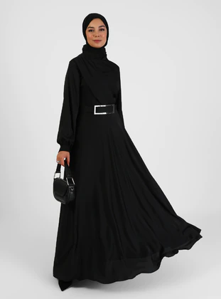 Modanisa Kemerli Tesettür Siyah Abiye Elbise