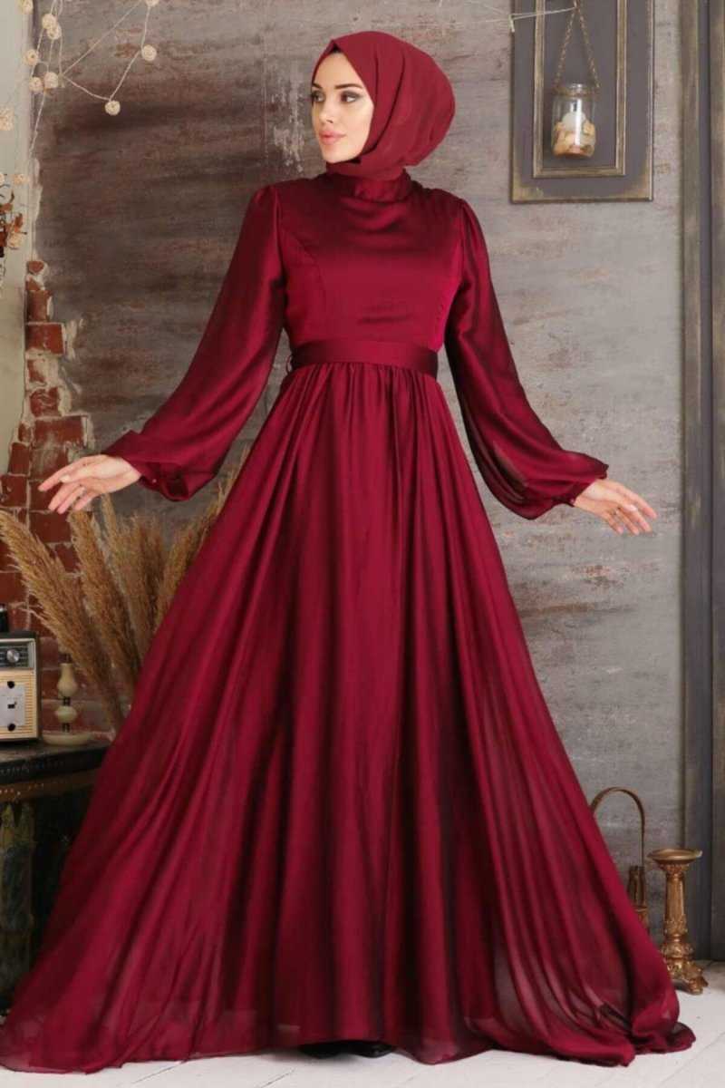 Neva Style Tesettür Bordo Abiye Elbise