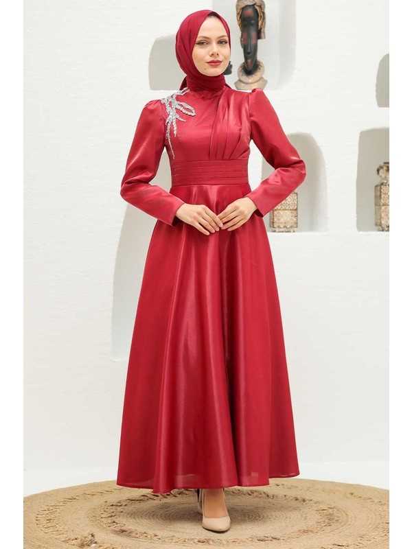 Neva Style Tesettür Kırmızı Abiye Elbise