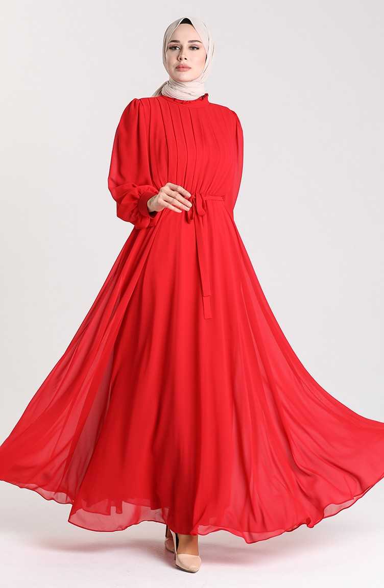 Sefamerve Tesettür Kırmızı Abiye Elbise