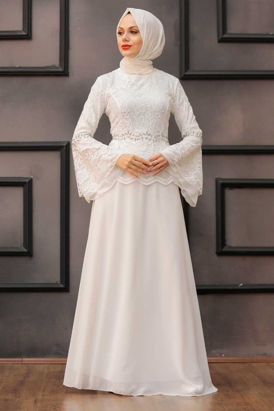 Beyaz Renkli Neva Style Tesettür Dantelli Abiye Elbise Modelleri
