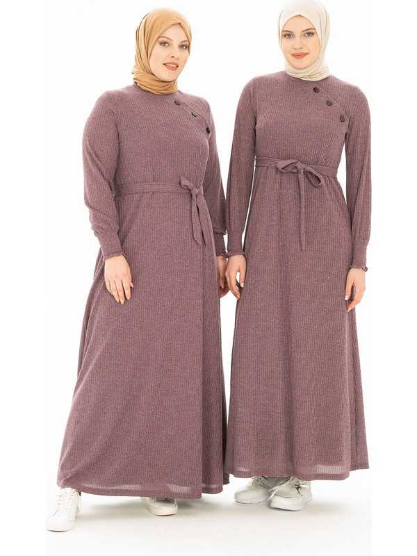 Beyza Kışlık Tesettür Fitilli Triko Örme Elbise Modelleri