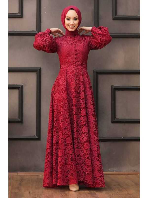 Kırmızı Renk Tesettür Dantelli Abiye Elbise Modelleri