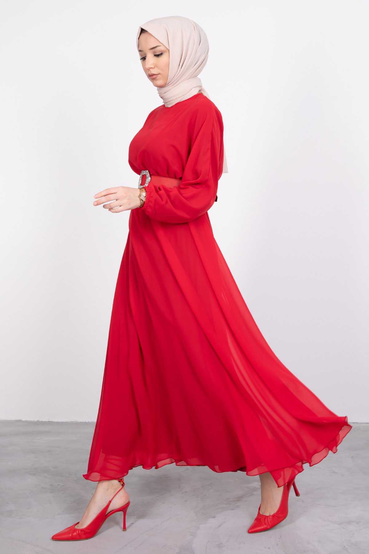 Lamia Giyim Kemerli Kırmızı Elbise Modelleri