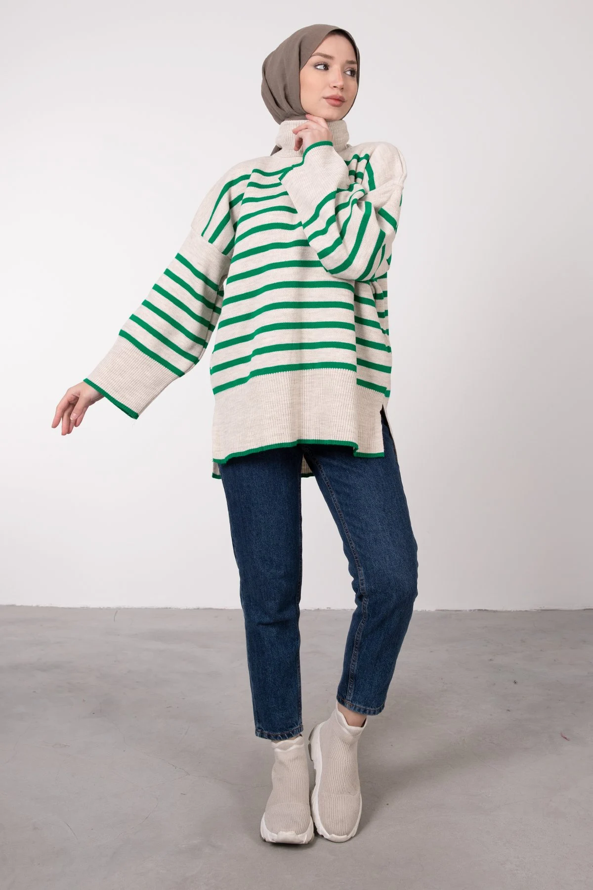 Lamia Giyim Yeşil Şeritli Triko Kazak Modelleri