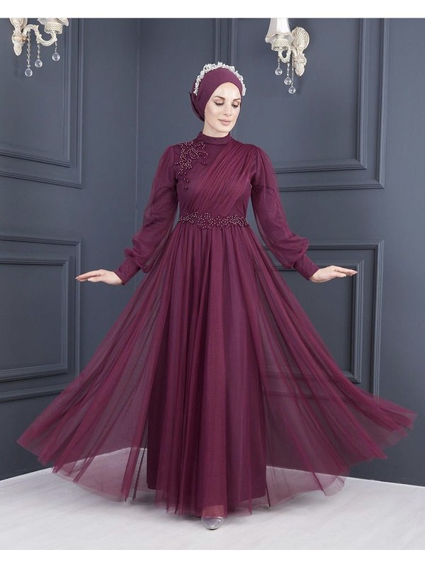 Moda Echer Tesettür Tül Abiye Elbise