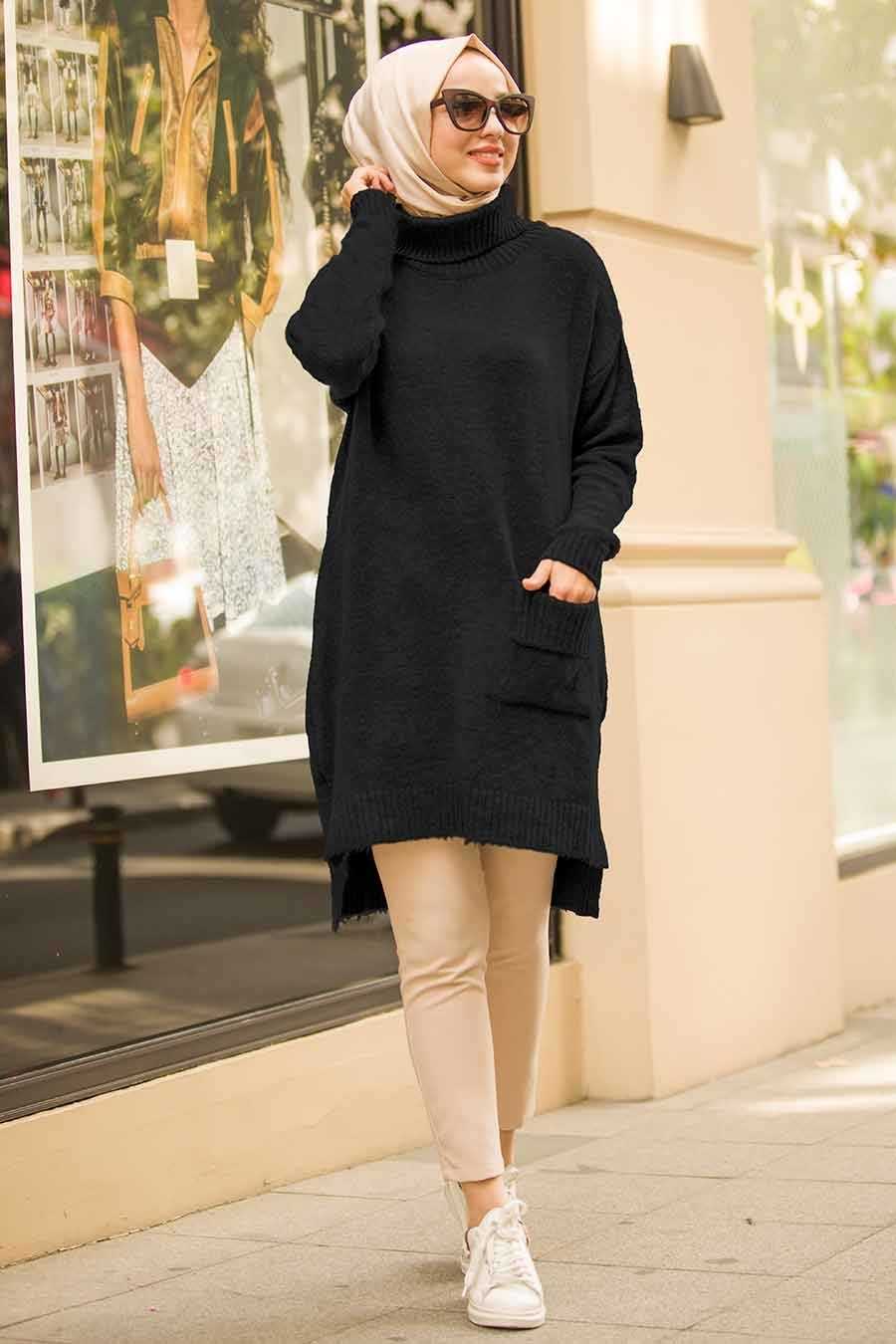 Neva Style Tesettür Boğazlı Triko Uzun Siyah Kazak Modeli