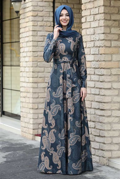 Pınar Şems Desenli Tesettür Elbise