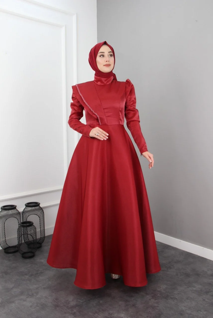 Esvet Giyim Kırmızı Tesettür Abiye Elbise
