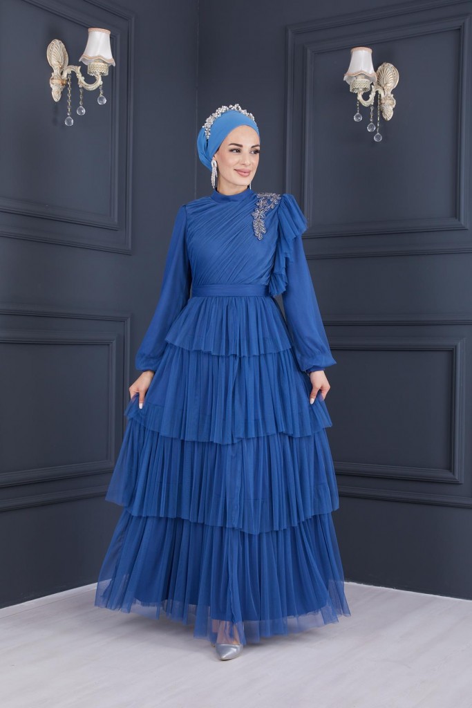 Moda Echer İşlemeli Tesettür Abiye Elbise
