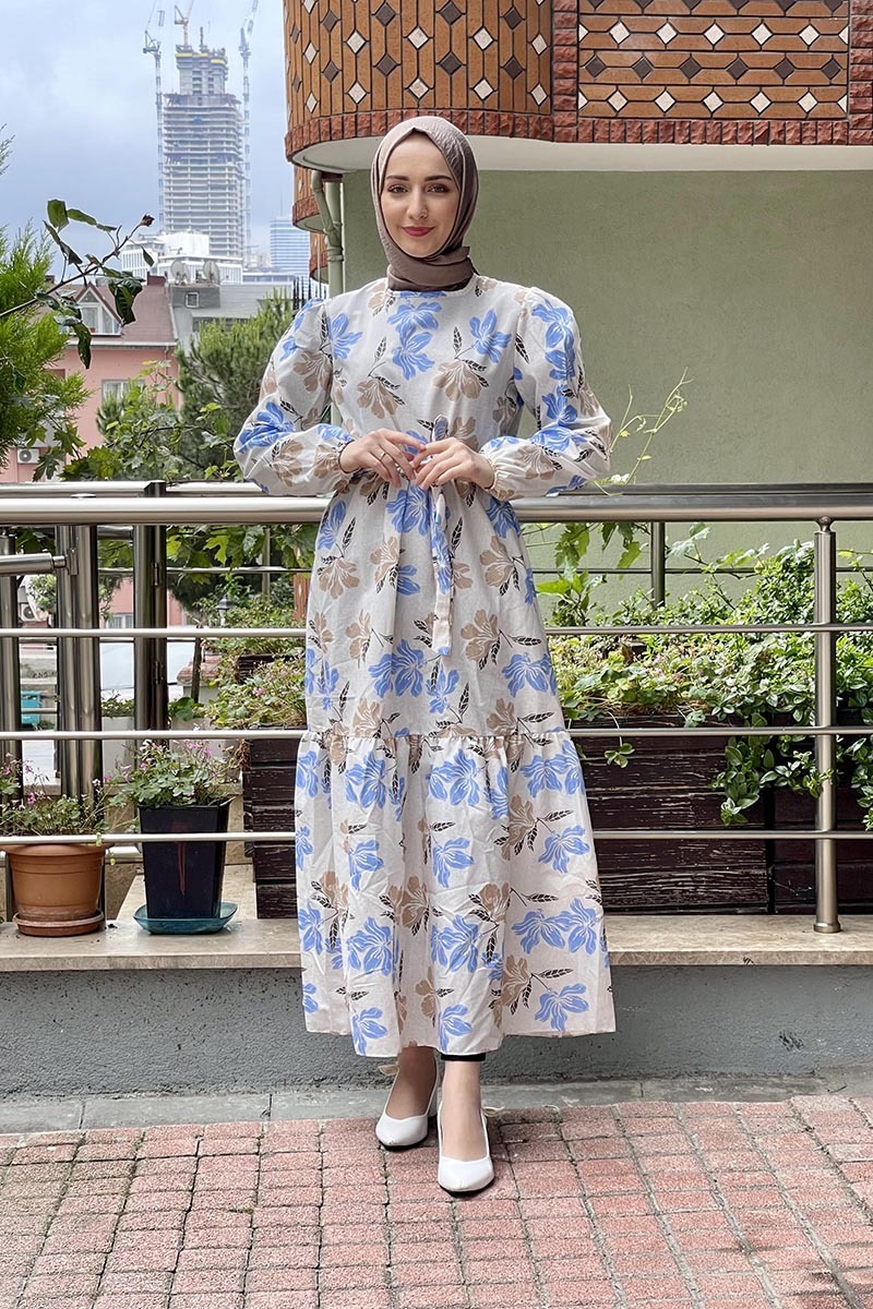 Moda Pinhan Desenli Tesettür Kuşaklı Elbise
